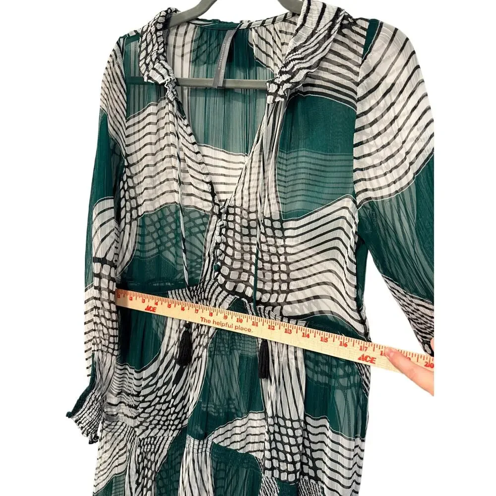 Anthropologie XS Marais Geometric Printed Sheer Chiffon Maxi Dress Boho Green - Picture 9 of 13